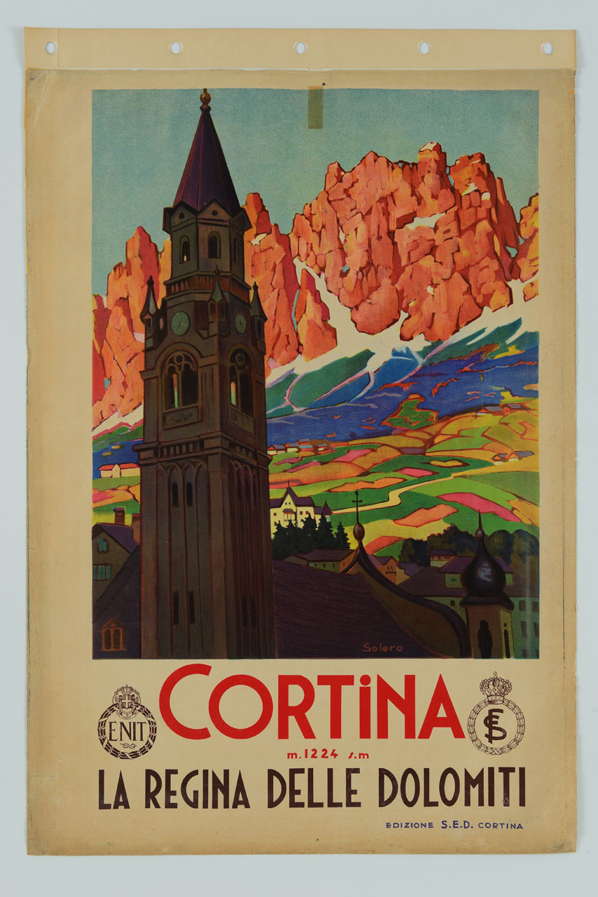 campanile della Basilica dei Santi Filippo e Giacomo; sullo sfondo il massiccio delle Tofane (manifesto) di Solero Pio (sec. XX)