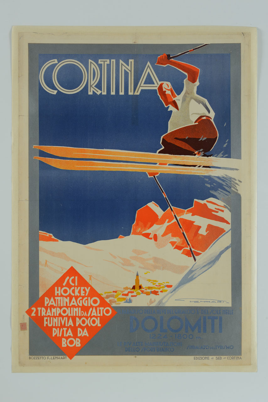uno sciatore effettua un salto su una pista da sci; sullo sfondo la città di Cortina d'Ampezzo e il massiccio delle Tofane (manifesto) di Lenhart Franz (sec. XX)