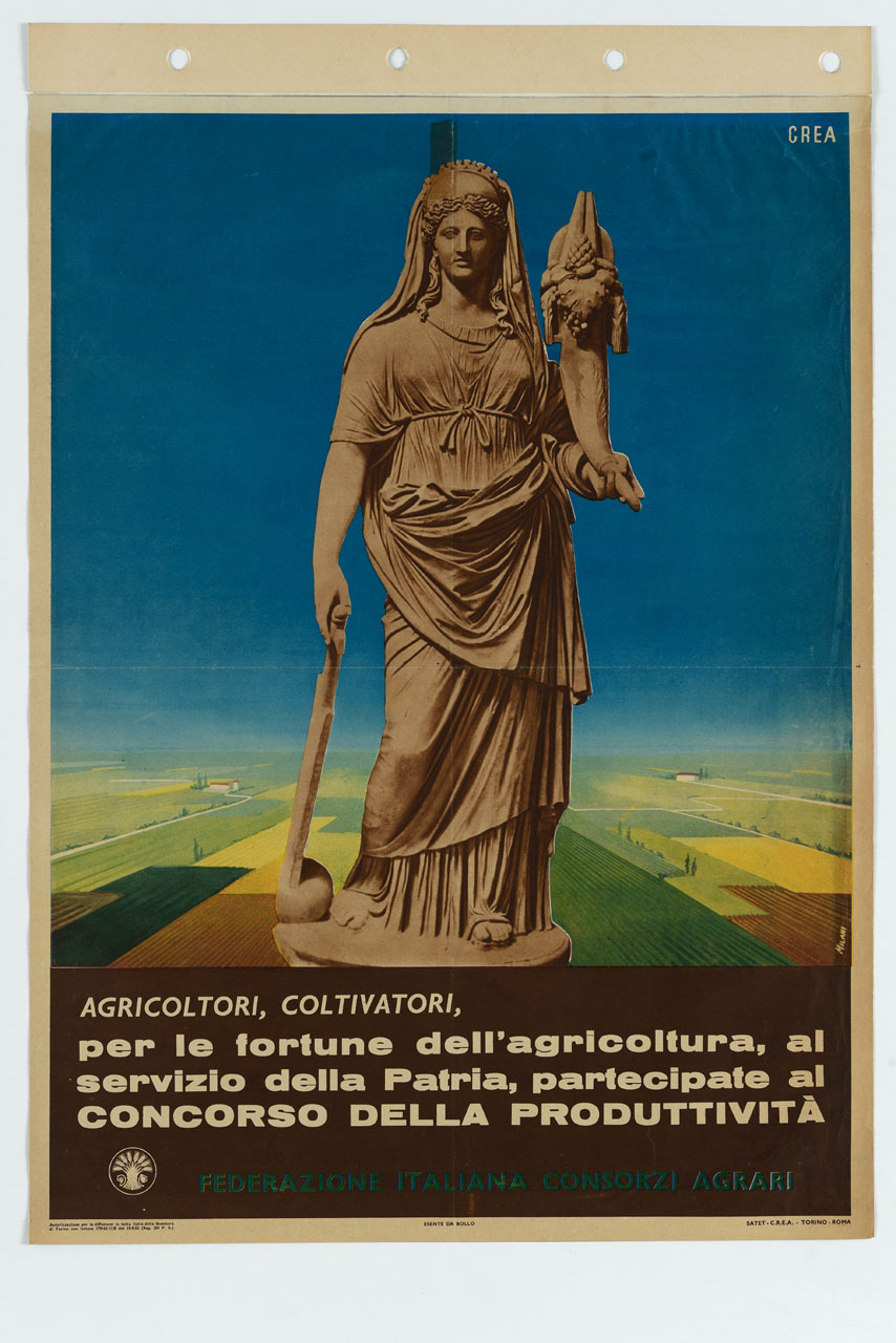 statua in marmo raffigurante Demetra con campi coltivati sullo sfondo (manifesto) di Milani - ambito italiano (sec. XX)