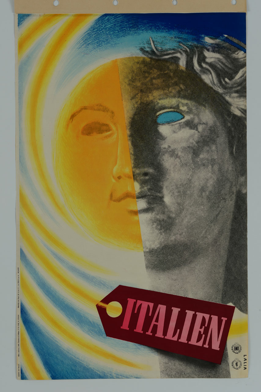 disegno animato del sole, diviso a metà con il volto della statua del David di Michelangelo; su uno dei raggi concentrici è attaccato un'etichetta con la scritta Italien (manifesto) di Lalia Alfredo (sec. XX)