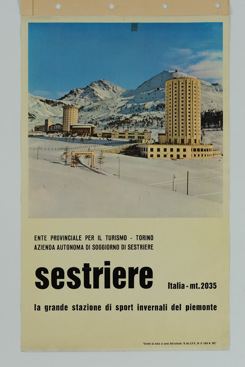 veduta del villaggio olimpico e degli impianti sportivi innevati di Sestriere (manifesto) - ambito italiano (sec. XX)