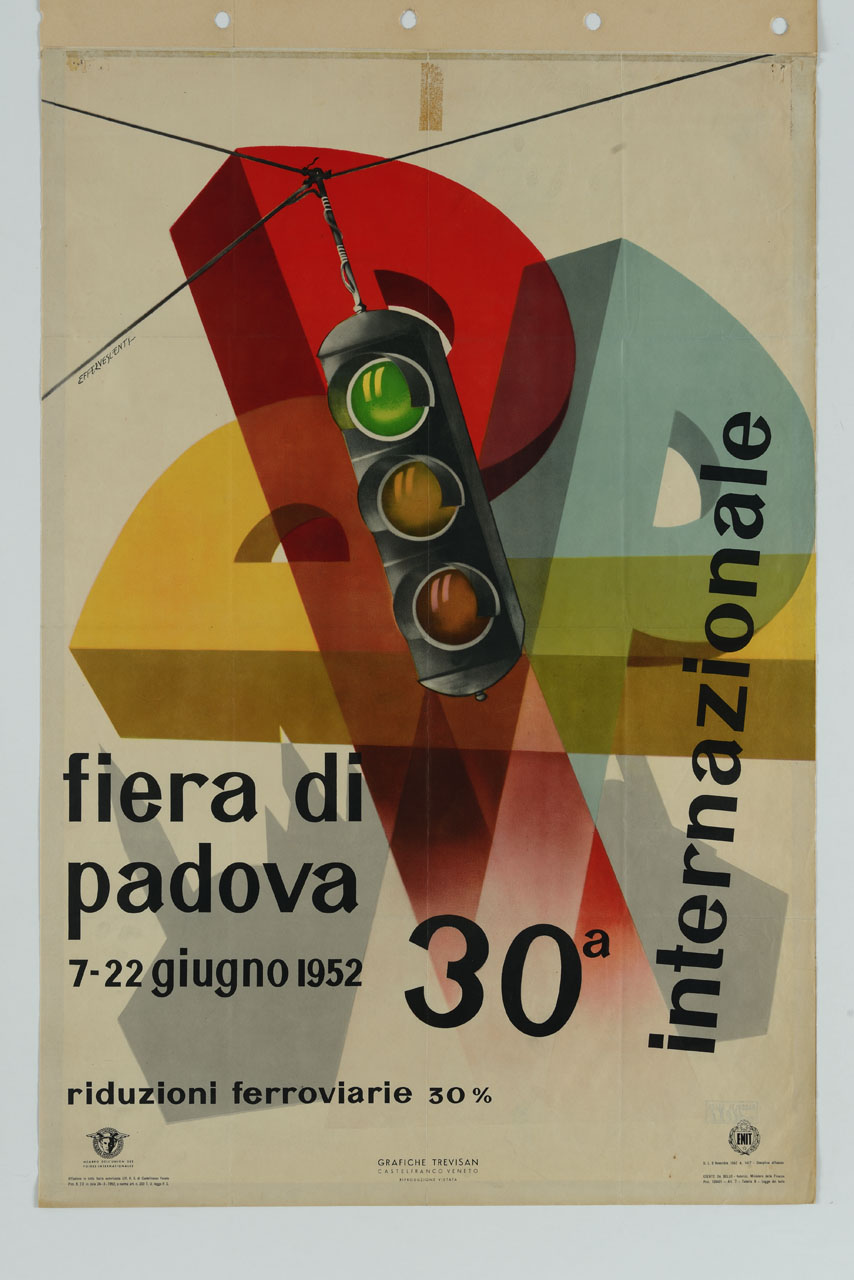 tre grandi lettere P con semaforo e scorcio della basilica di Sant'Antonio a Padova (manifesto) di Effervescenti Eleuterio (sec. XX)