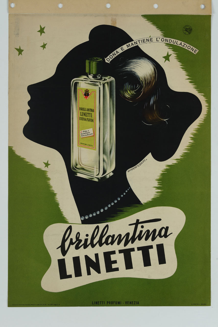 volto femminile di profilo con bottiglia di brillantina (manifesto) di Effervescenti Eleuterio (sec. XX)