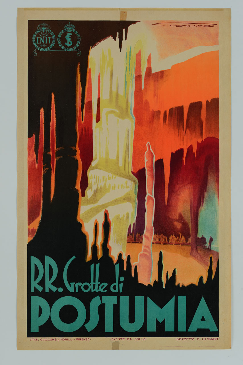 interno delle grotte di Postumia nel punto dove si trova la stalagmite più importante, denominata il Brillante (manifesto) di Lenhart Franz (sec. XX)