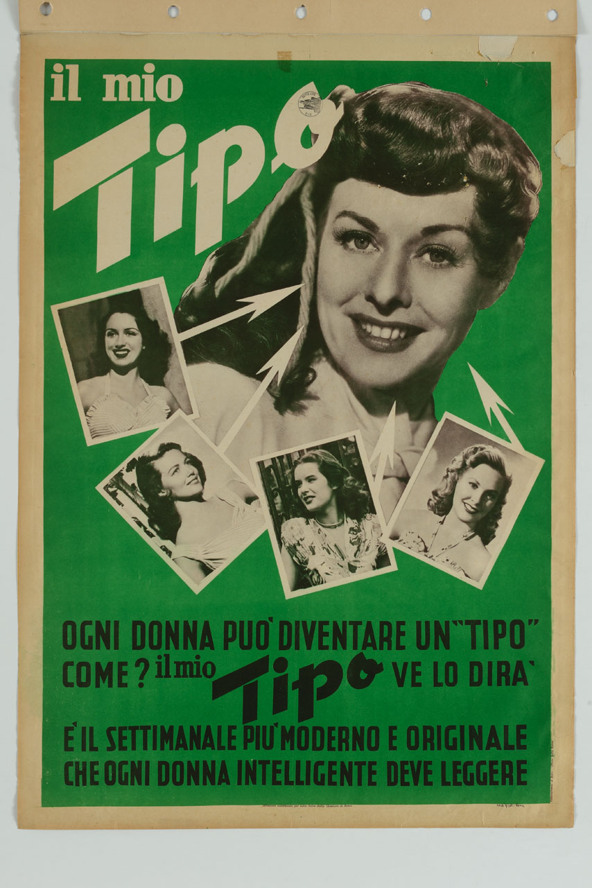 il volto dell'attrice Paulette Godard sorridente contornato da fotografie di altre donne (manifesto) - ambito italiano (sec. XX)