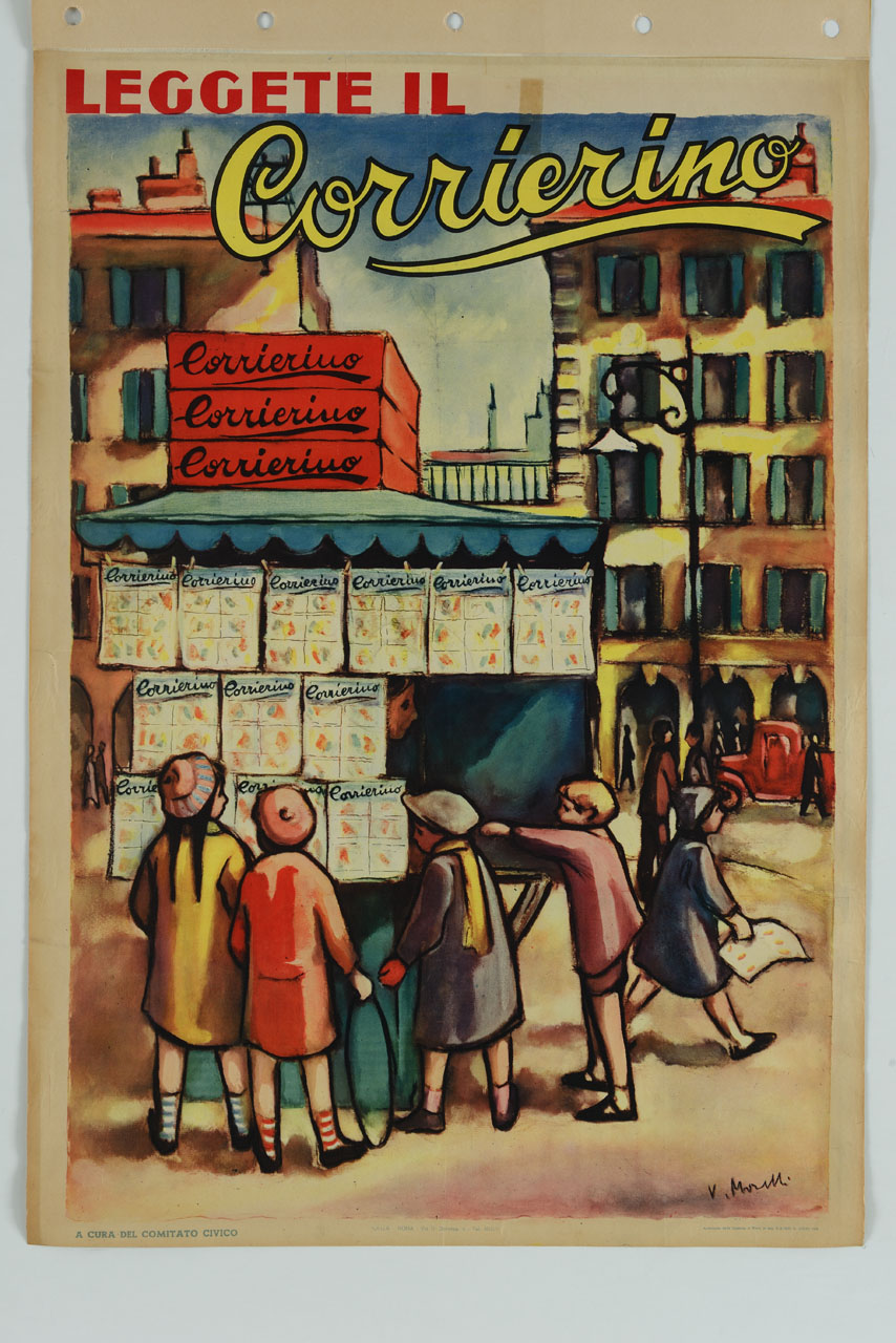 bambini acquistano riviste in edicola (manifesto) di Morelli Enzo (sec. XX)
