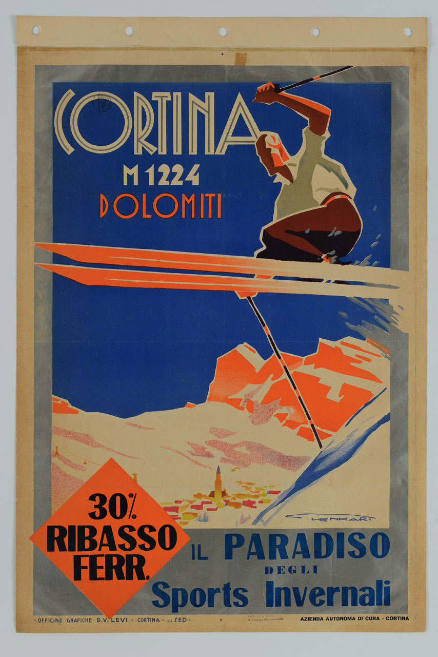 uno sciatore effettua un salto su una pista da sci; sullo sfondo la città di Cortina d'Ampezzo e il massiccio delle Tofane (manifesto) di Lenhart Franz (sec. XX)