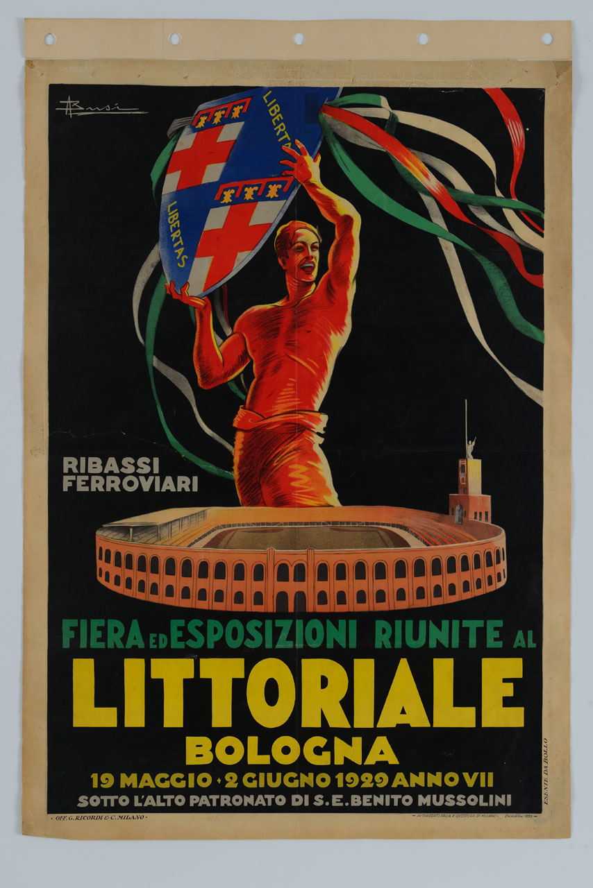 figura maschile a torso nudo innalza lo scudo della città di Bologna sopra la struttura del grande campo polisportivo del Fascio (manifesto) di Busi Adolfo (sec. XX)