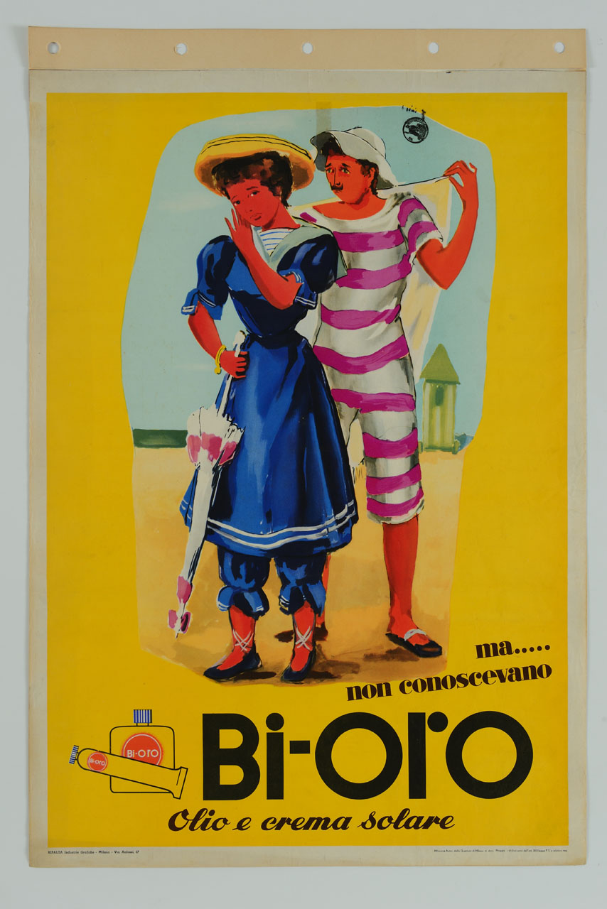 una ragazza ed un ragazzo con abiti da marinaretti arrossati dal troppo sole preso sulla spiaggia; in basso un flacone e un tubetto di solari (manifesto) di Brini Ercole (sec. XX)