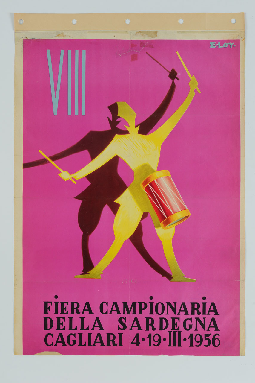 suonatore stilizzato con abito tradizionale sardo suona il tamburo, proiettando la sua ombra sul muro (manifesto) di Loy Enzo (sec. XX)