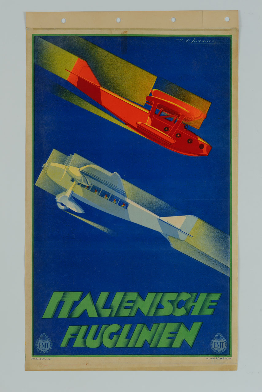 due aeroplani, uno rosso e uno bianco, si incrociano, passando il primo sopra il secondo (manifesto) di Di Lazzaro Umberto (sec. XX)