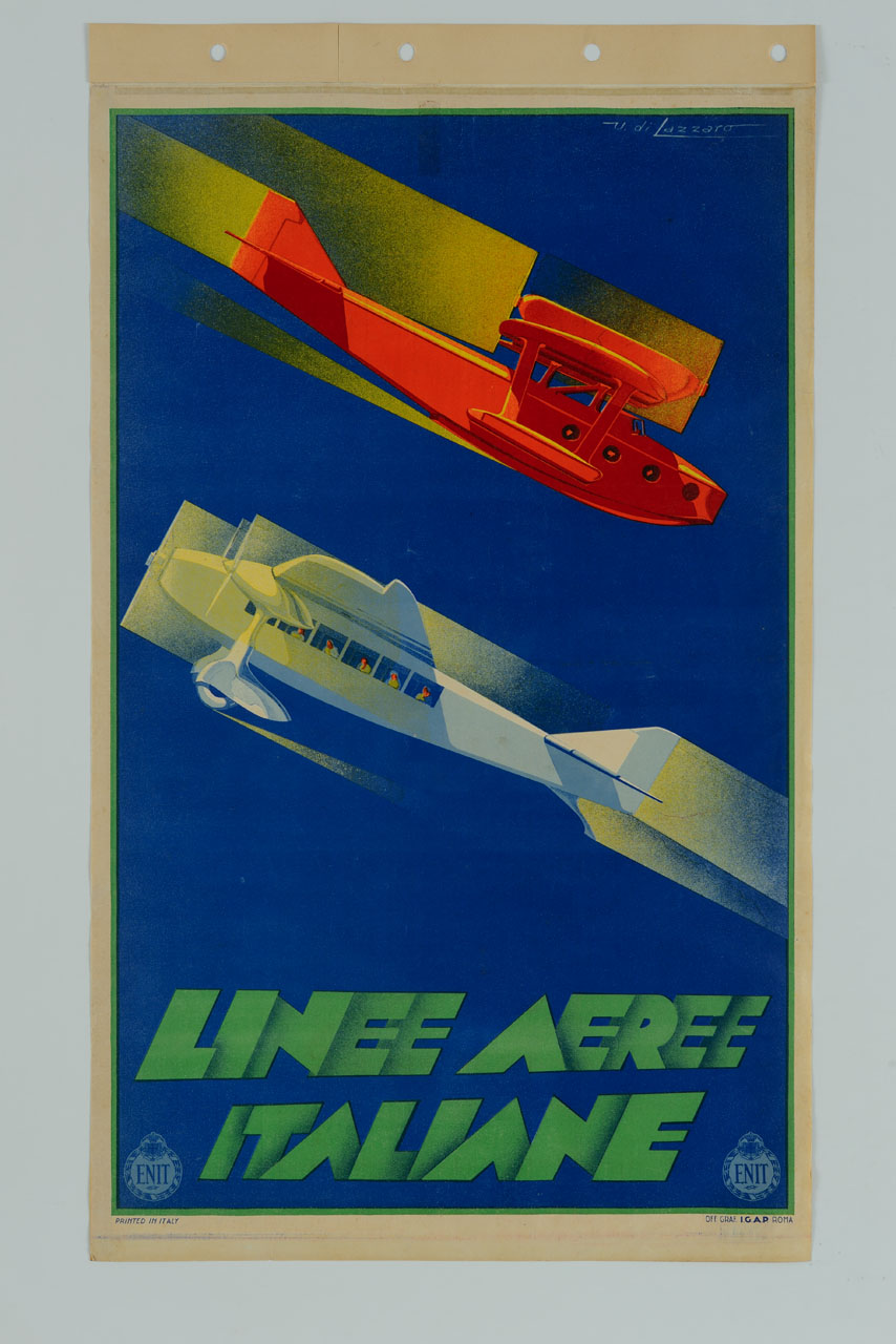 due aeroplani, uno rosso e uno bianco, si incrociano, passando il primo sopra il secondo (manifesto) di Di Lazzaro Umberto (sec. XX)