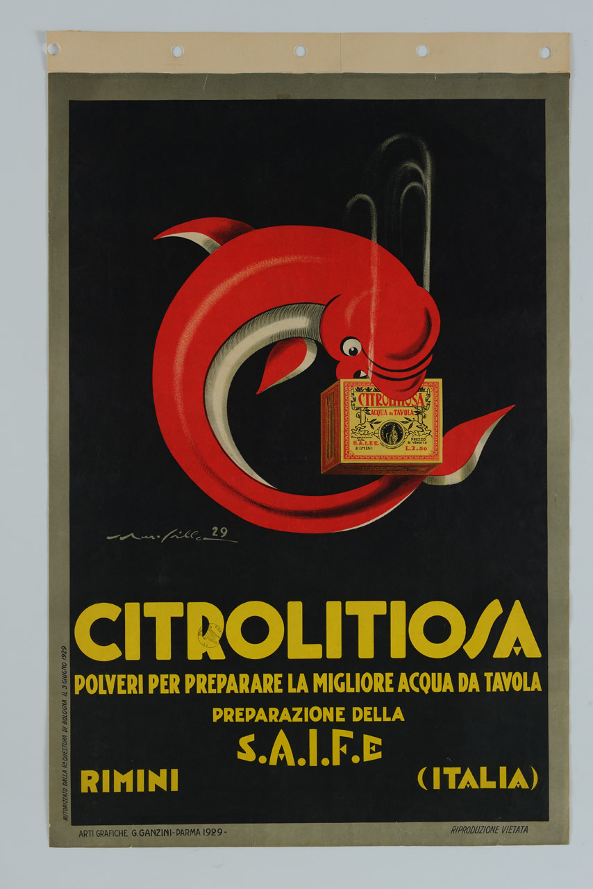 un pesce rosso con pancia bianca arrotolato su se stesso addetnta una scatola di Citrolitiosa, da cui partono due spruzzi di acqua effervescente (manifesto) di Martuffi Silla (sec. XX)