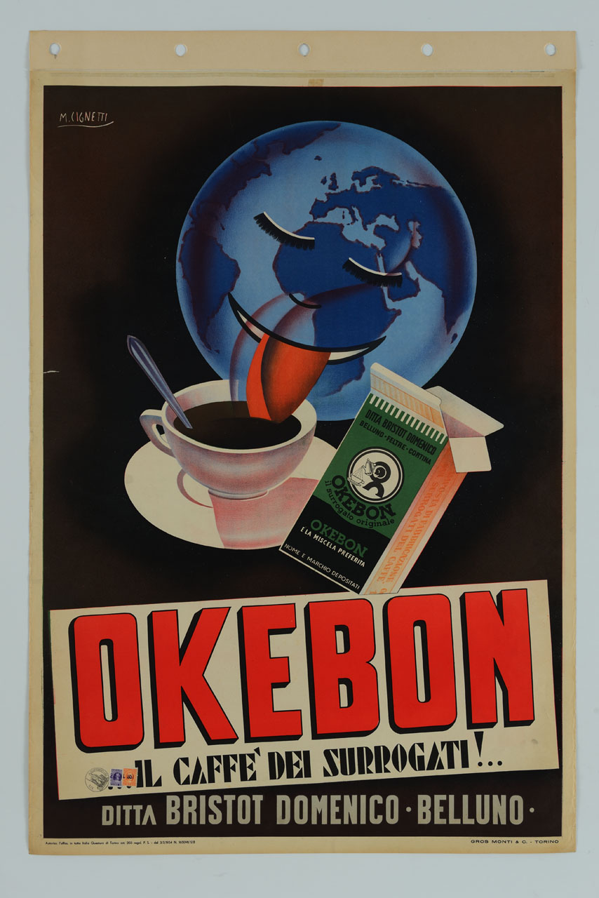 un globo terrestre, posizionato sui continenti Africa e Europa, dotato di occhi, naso e bocca, lecca una tazzina di caffè fumante; a fianco una scatola di caffè surrogato (manifesto) di Cignetti Michelangelo (sec. XX)