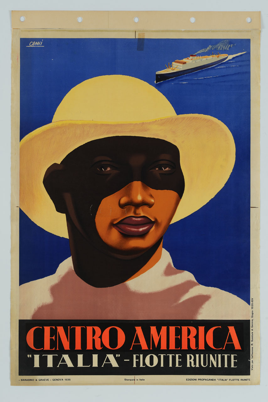 uomo di colore con cappello; sullo sfondo un transatlantico attraversa l'oceano (manifesto) di Cenni Renato (sec. XX)