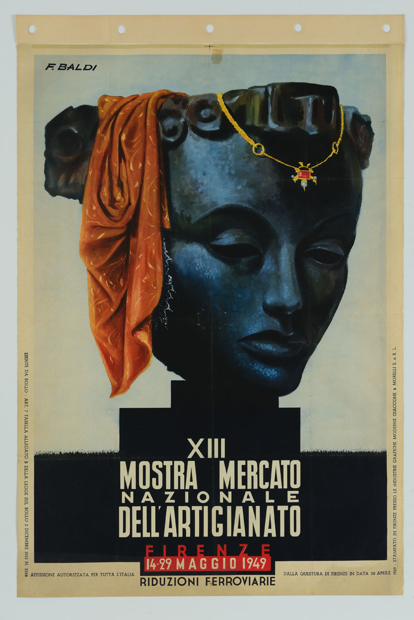 testa di donna scolpita in bronzo, appoggiata ad un basamento, con un tessuto rosso sulla sinistra e una collana con pietre preziose sulla fronte (manifesto) di Baldi Ferruccio detto Etrusco (sec. XX)