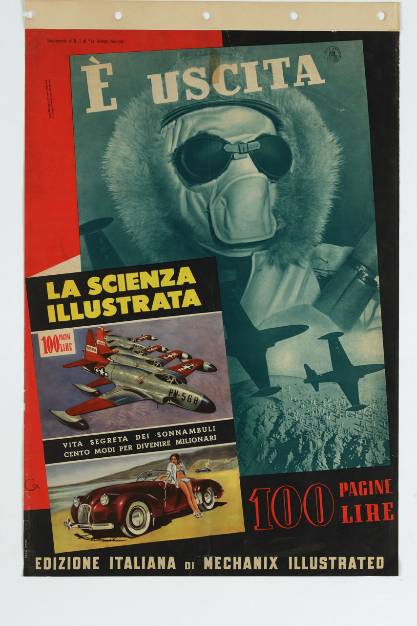 riviste con foto di aviatore, aerei e auto con donna in costume (manifesto) di Romanelli Carlo detto Cri - ambito italiano (sec. XX)