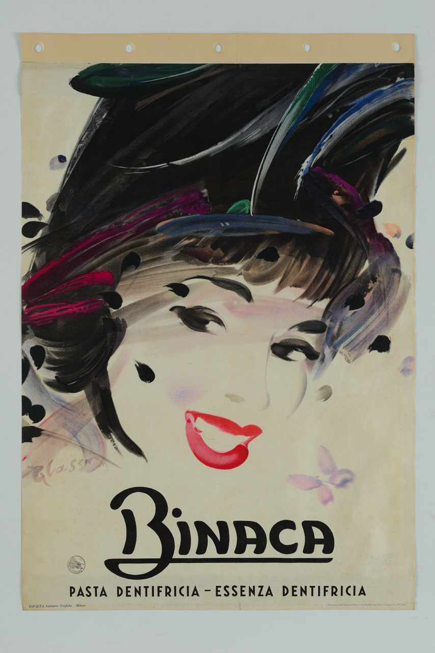 ritratto di donna dipinto; la protagonista indossa un cappello nero con parti rosse, blue e verdi e sfoggia un sorriso brillante (manifesto) di Glaser Otto (sec. XX)