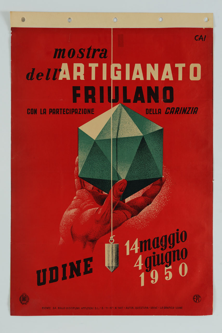 una mano regge una pietra preziosa rossa, mentre davanti scorre un filo a piombo (manifesto) di Cai (sec. XX)