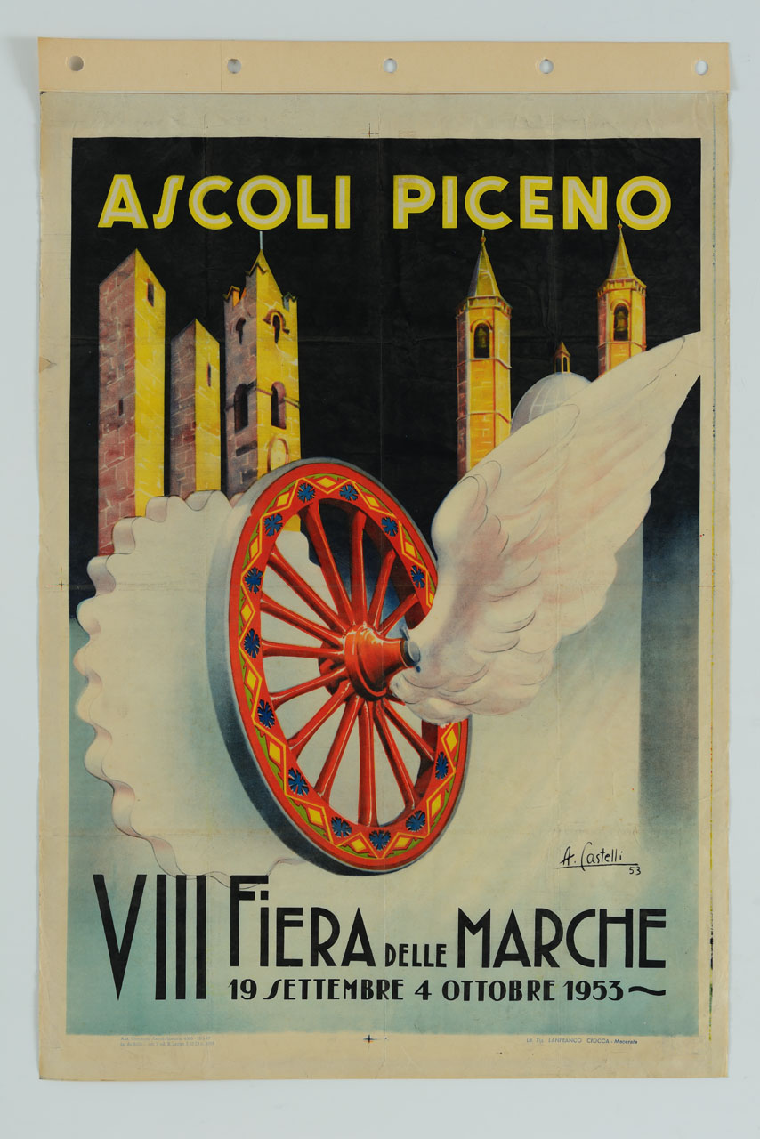 ruota di biroccio marchigiana finemente decorata con ala bianca sulla destra e ruota dentellata sulla sinistra; sullo sfondo le torri gemelle; la torre meralta di Palazzo dei Capitani e campanili e cupola della Chiesa di San Francesco (manifesto) di Castelli Aldo (sec. XX)