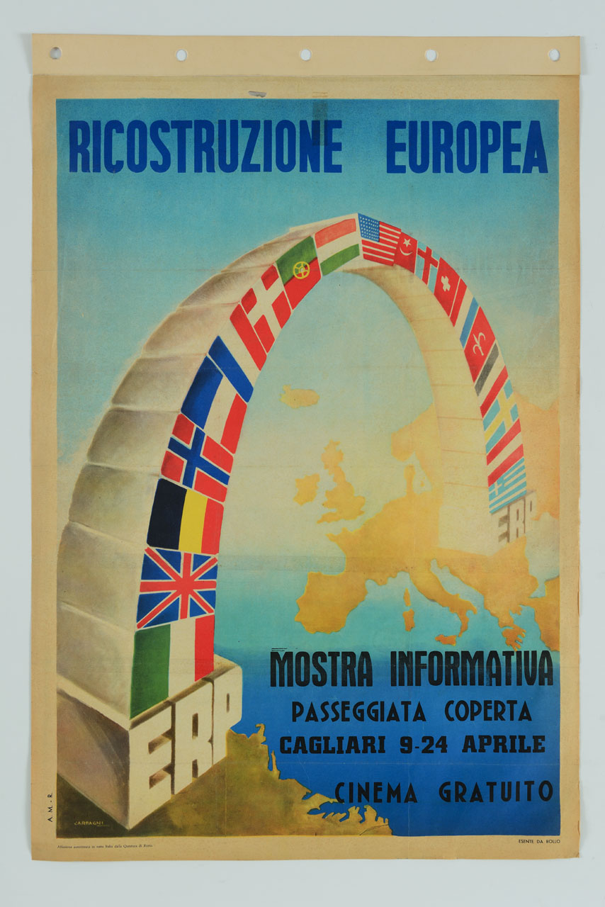 un ponte costituito dalle bandiere degli Stati Europei, assegnatari degli aiuti previsti dal Piano Marshall, e dalla bandiera degli Stati uniti d'America, con alla base di entrambi i lati le lettere ERP, parte dall'America per raggiungere l'Europa (manifesto) di Carfagni Federioco (sec. XX)