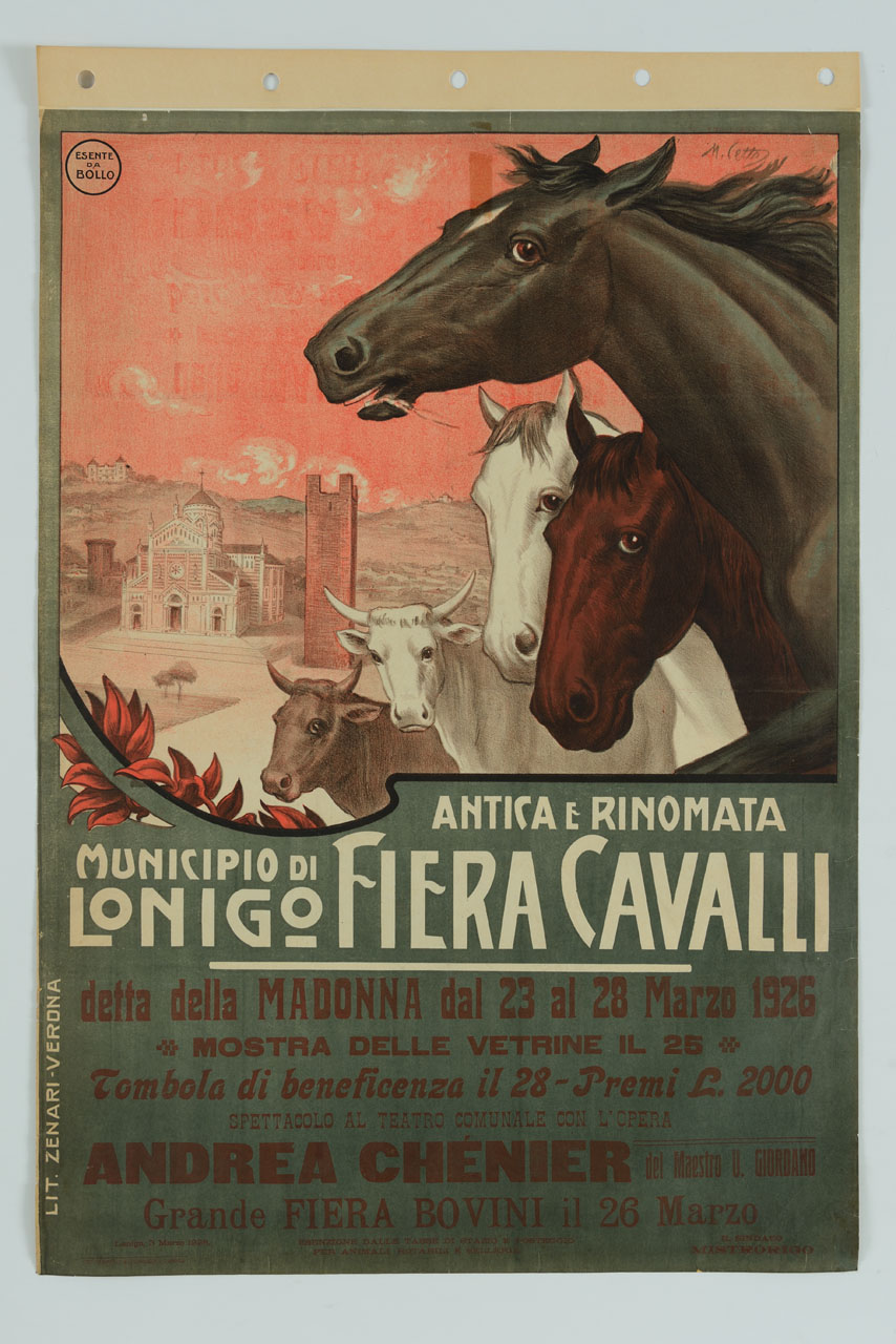 davanti a piazza San Marco a Lonigo tre cavalli e due bovini; sullo sfondo i colli Berici con villa san Fermo Giovanelli sulla sinistra e Villa Pisani a Bagnoli sulla destra (manifesto) di Cetto Mario (sec. XX)