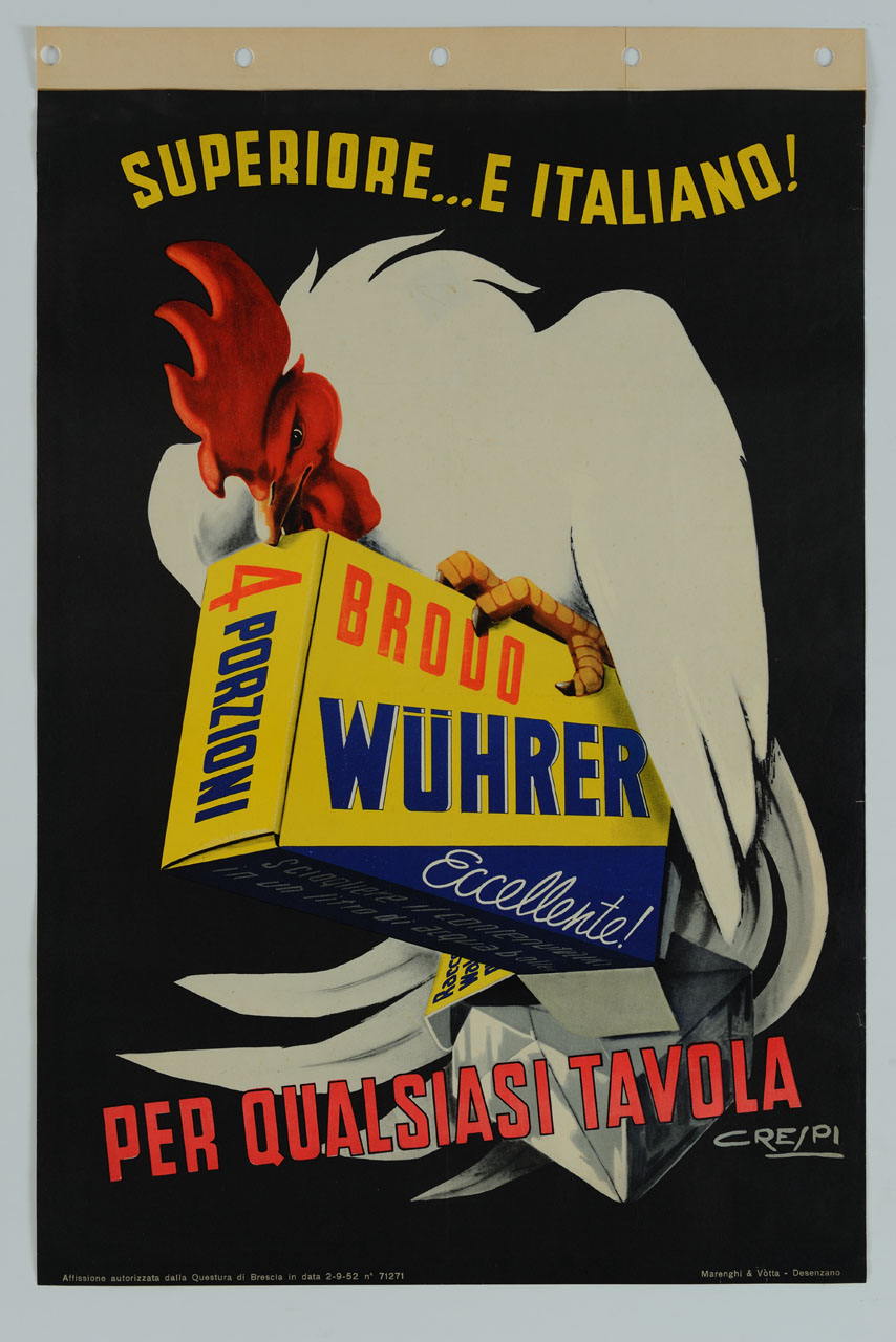 un gallo tiene tra le zampe una scatola di dadi, dalla quale ne ece uno (manifesto) di Crespi Luigi Daniele (sec. XX)