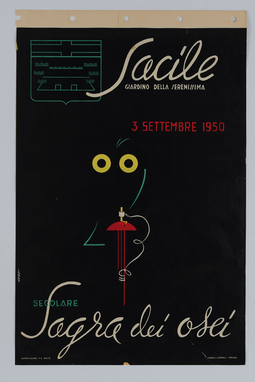 un uccello notturno stilizzato, appolaiato si un trespolo, emerge dal buio con gli occhi gialli; in alto a sinistra lo stemma stilizzato del Comune di Sacile (manifesto) di Coso (sec. XX)