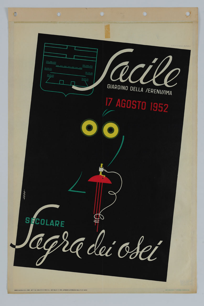 un uccello notturno stilizzato, appolaiato si un trespolo, emerge dal buio con gli occhi gialli; il buio dello sfondo è ruotato verso destra; in alto a sinistra lo stemma stilizzato del Comune di Sacile (manifesto) di Coso (sec. XX)