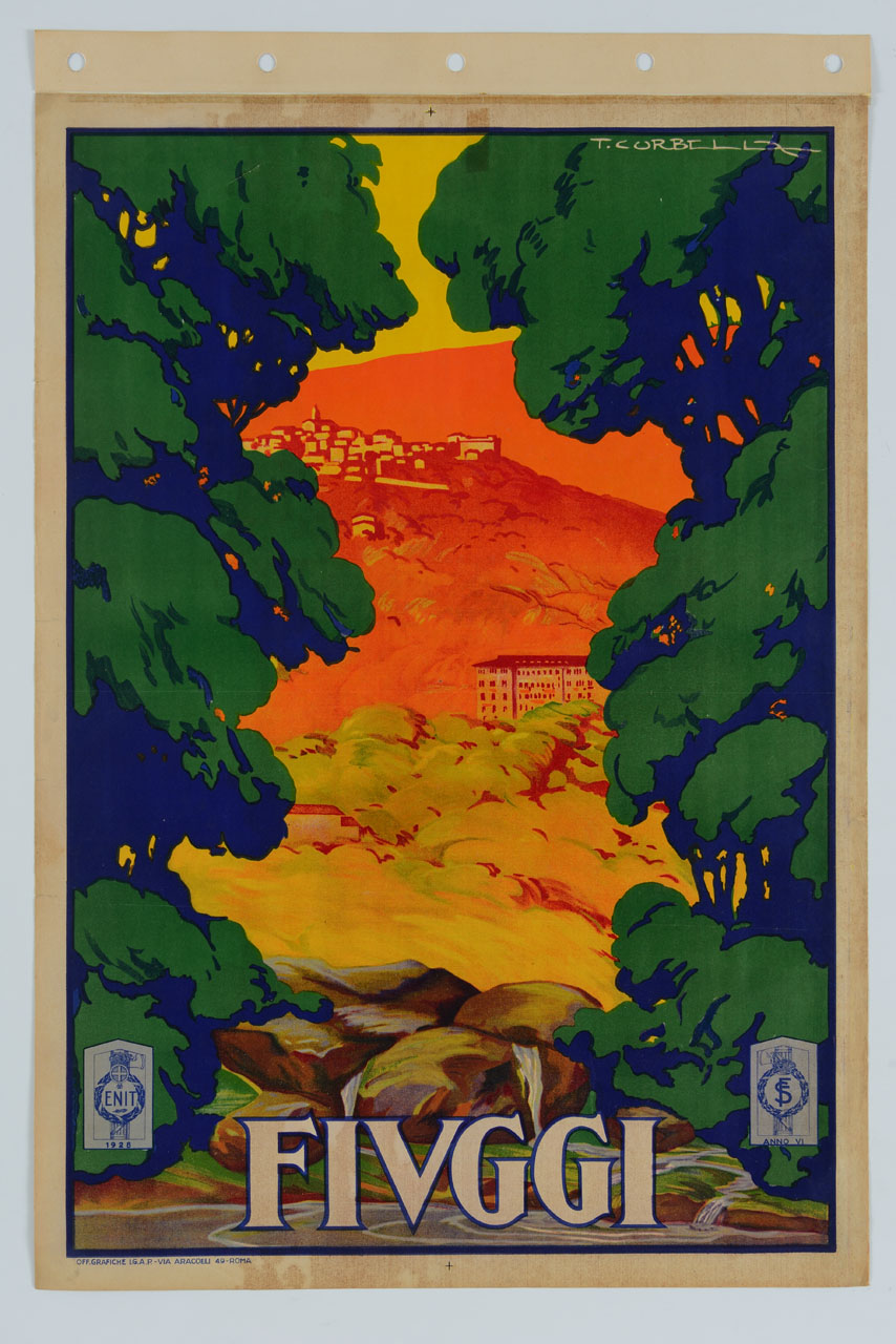 attraverso le fronde di alcuni alberi, ai piedi dei quali scorre l'acqua termale, si apre una veduta della città di Fiuggi; in basso a destra il Grande Albergo Palazzo della Fonte (manifesto) di Corbella Tito (sec. XX)