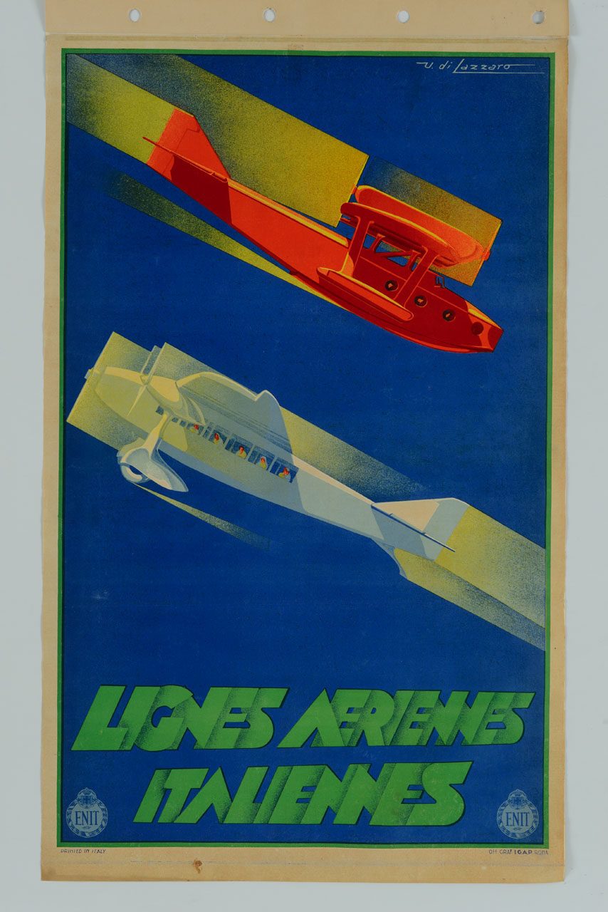 due aeroplani, uno rosso e uno bianco, si incrociano, passando il primo sopra il secondo (manifesto) di Di Lazzaro Umberto (sec. XX)