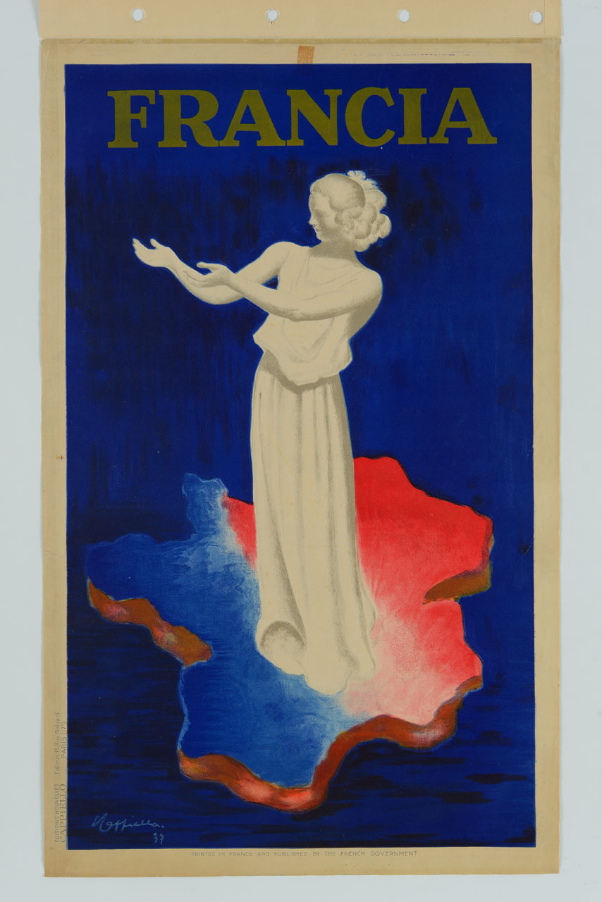 immagine stilizzata della Francia, colorata con il tricolore, sopra la quale si trova l'allegoria femminile della nazione (manifesto) di Cappiello Leonetto (sec. XX)