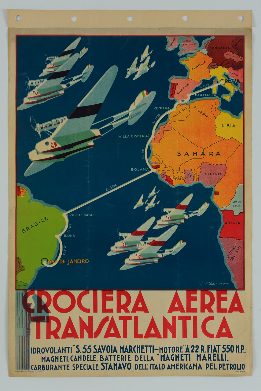 le carte geografiche dell’Europa e dell’America mostrano la tratta compiuta dai 12 idrovolanti S.55 durante la Crociera Aerea Transatlantica (manifesto) di Di Lazzaro Umberto (sec. XX)
