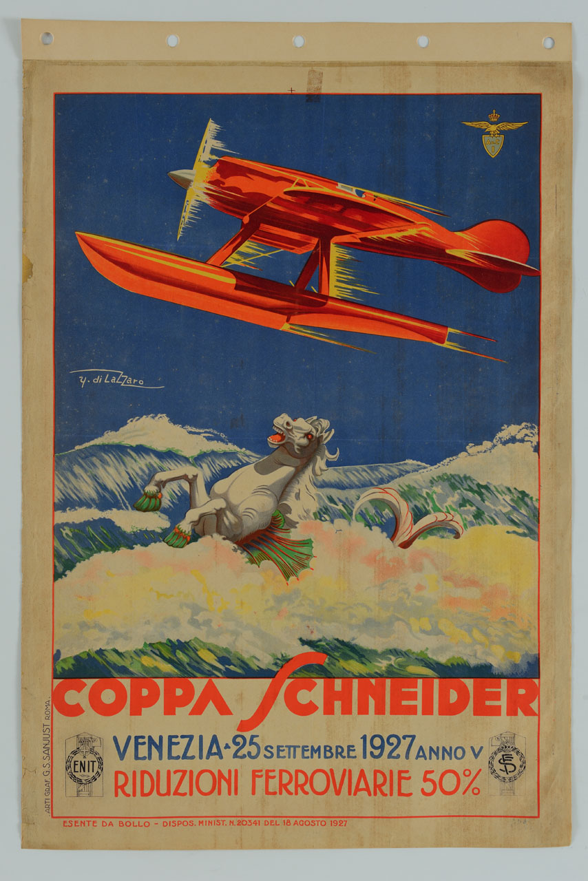 un idrovolante sfreccia a tutta velocità nel cielo azzurro, vincendo su Pegaso che finesce tra le onde di un mare impetuoso (manifesto) di Di Lazzaro Umberto (sec. XX)