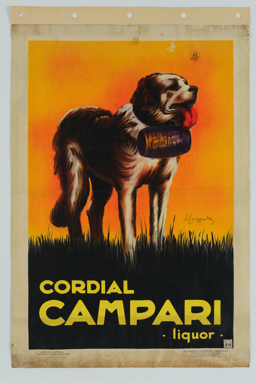 un cane san Bernardo porta al collo una borraccia con liquore Cordial Campari (manifesto) di Cappiello Leonetto (sec. XX)