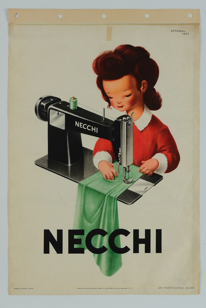 giovane donna lavora una stoffa verde seduta alla macchina da cucire (manifesto) di Cavadini Alfredo (sec. XX)