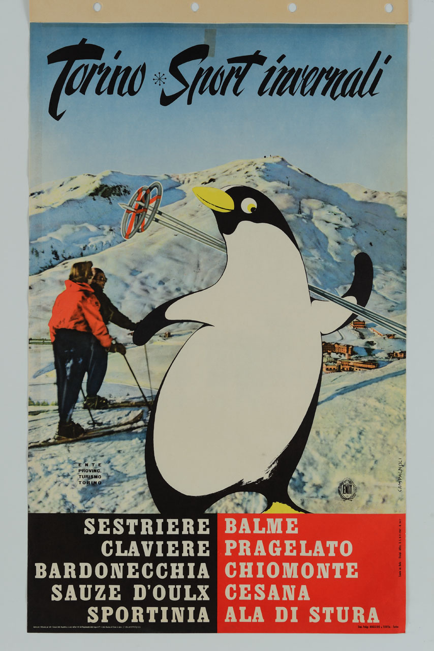 in primo piano un pinguino con racchette da sci sulla spalla; dietro altri sciatori su una pista innevata; sullo sfondo un paese e una montagna innevata (manifesto) di Campagnoli Adalberto (sec. XX)