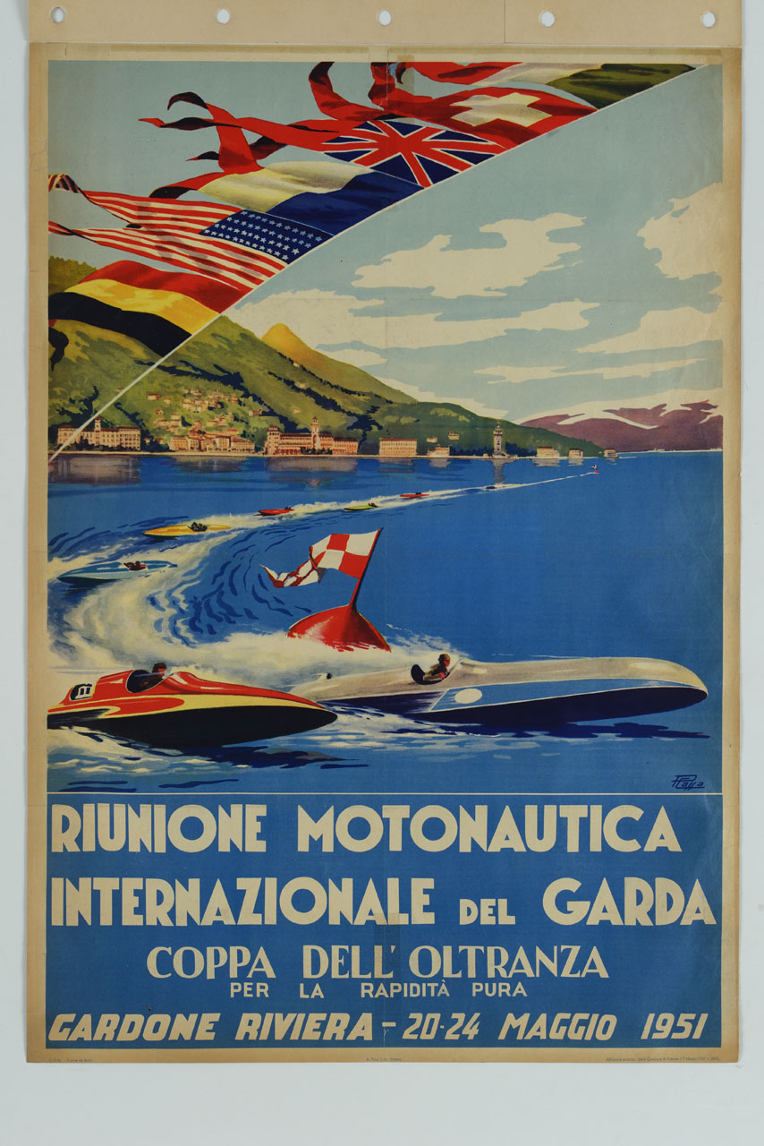 motoscafi in gara su lago con bandiere Italiana, Svizzera, Inglese, Francese, Americana, Tedesca (manifesto) di Cassa Paolo (sec. XX)