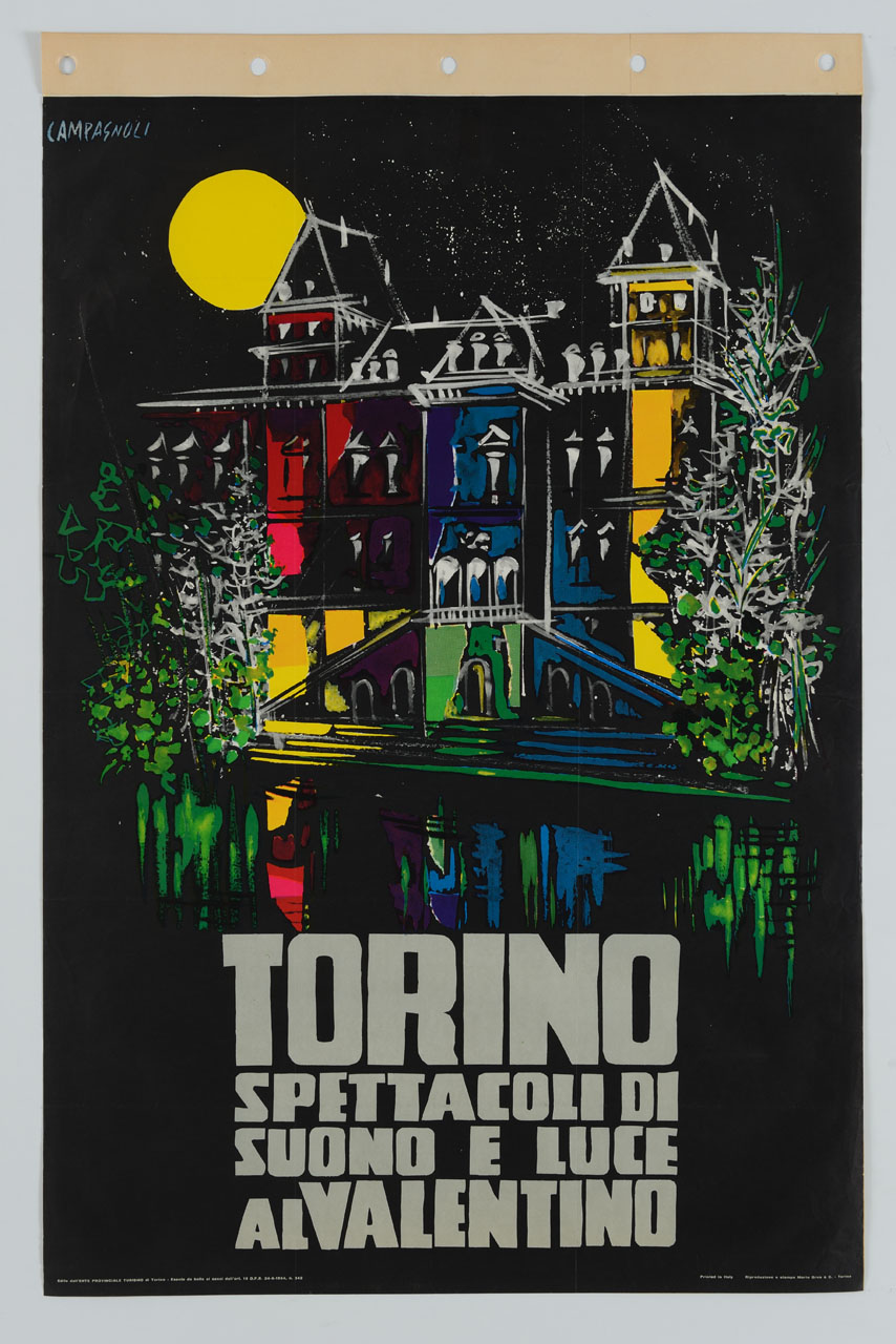 il Castello del Valentino nell'omonimo parco a Torino, visto dalla sponda opposta del Po, illuminato da luci colorate; sullo sfondo una notte stellata con la luna piena (manifesto) di Campagnoli Adalberto (sec. XX)