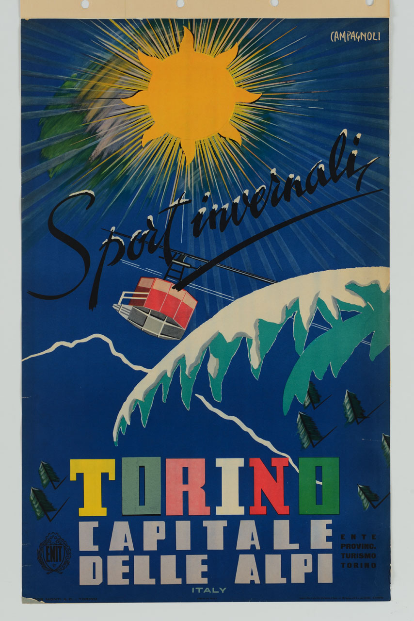 sotto un sole splendente, che illumina un cielo azzurro, transita una cabinovia che conduce verso una montagna; al lati pini, uno dei quali mostra le frondi innevate in primo piano (manifesto) di Campagnoli Adalberto (sec. XX)