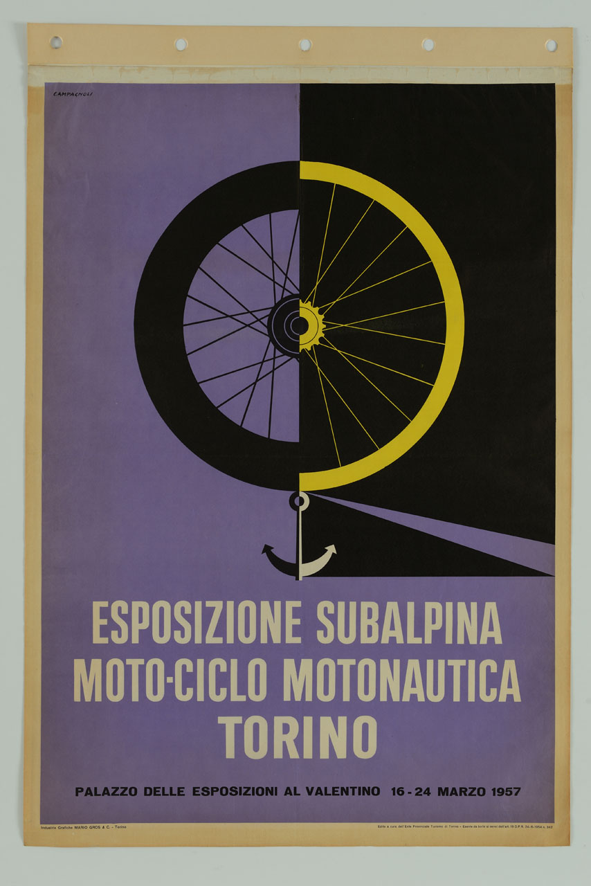mezza ruota di bicicletta gialla su campo nero, unita a mezza ruota di ciclomotore nera su campo viola, appoggiata ad un'ancora mezza bianca su campo nero e mezza nera su campo viola (manifesto) di Campagnoli Adalberto (sec. XX)