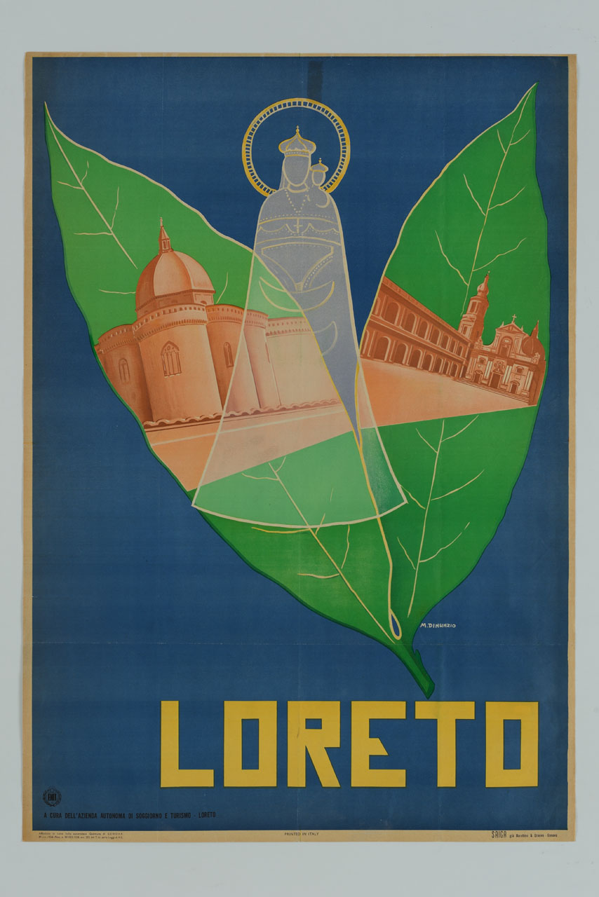 entro due foglie d'ulivo a sinistra le absidi e la cupola, a destra la facciata e il campanile della Basilica della Santa Casa, chiusa a sinistra dalla loggia e dal portico del Palazzo Apostolico; al centro la silhouette della Madonna Nera (manifesto) di Dinunzio M (sec. XX)