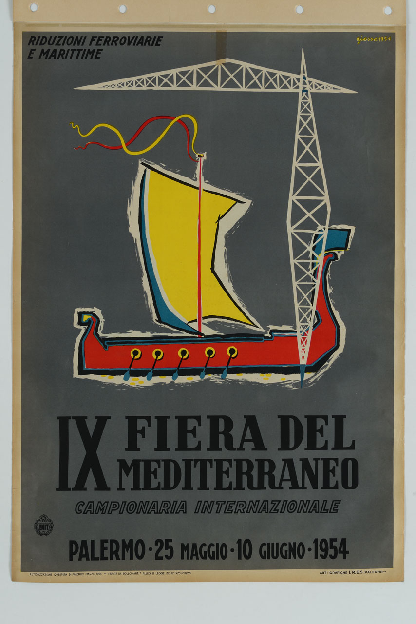 vascello rosso con vela gialla in mare con tralicci (manifesto) di Giesse (sec. XX)
