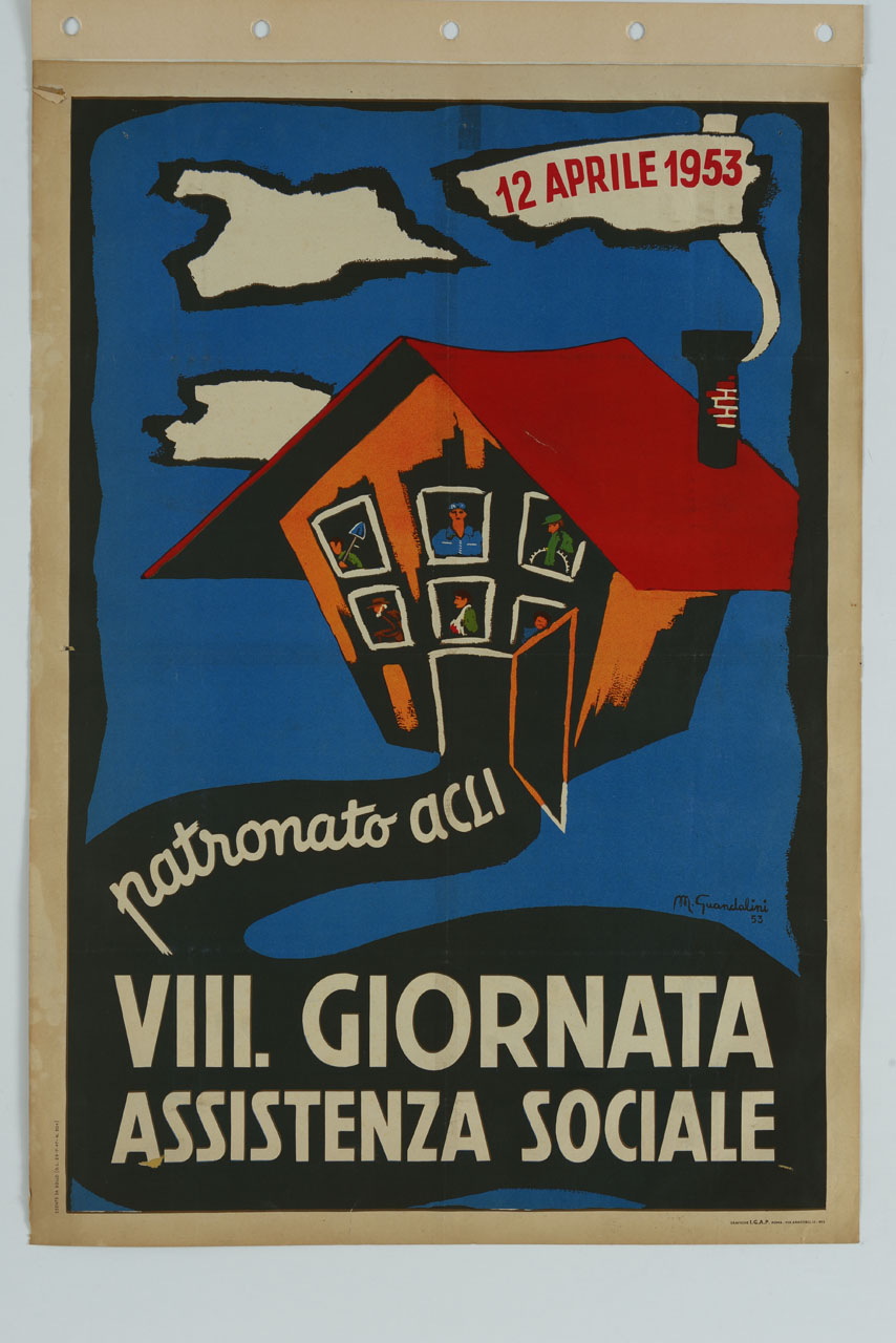 casa con tetto rosso e finestre aperte con all'interno lavoratori, anziano, operaio infortunato sul lavoro (manifesto) di M. Guandalini - ambito italiano (sec. XX)