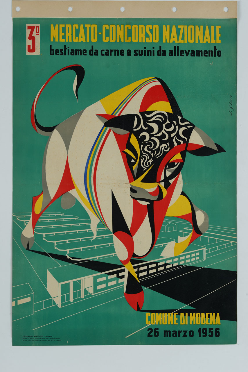 grande toro a chiazze colorate su edifici del Mercato Bestiame di Modena (manifesto) di Giberti Luciano (sec. XX)