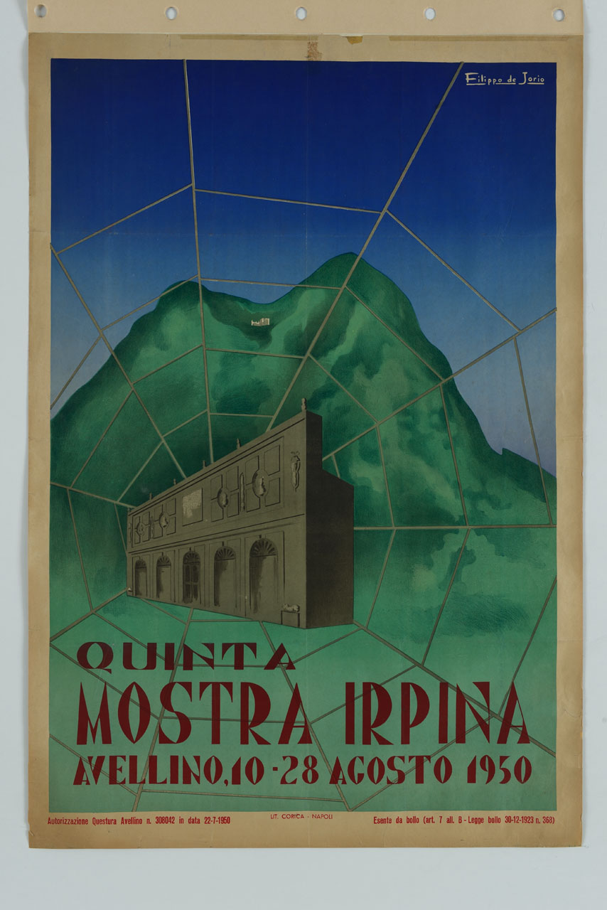 Edificio della Dogana di Avellino dentro grande ragnatela con monte Partenio sul fondo (manifesto) di de Jorio Filippo (sec. XX)