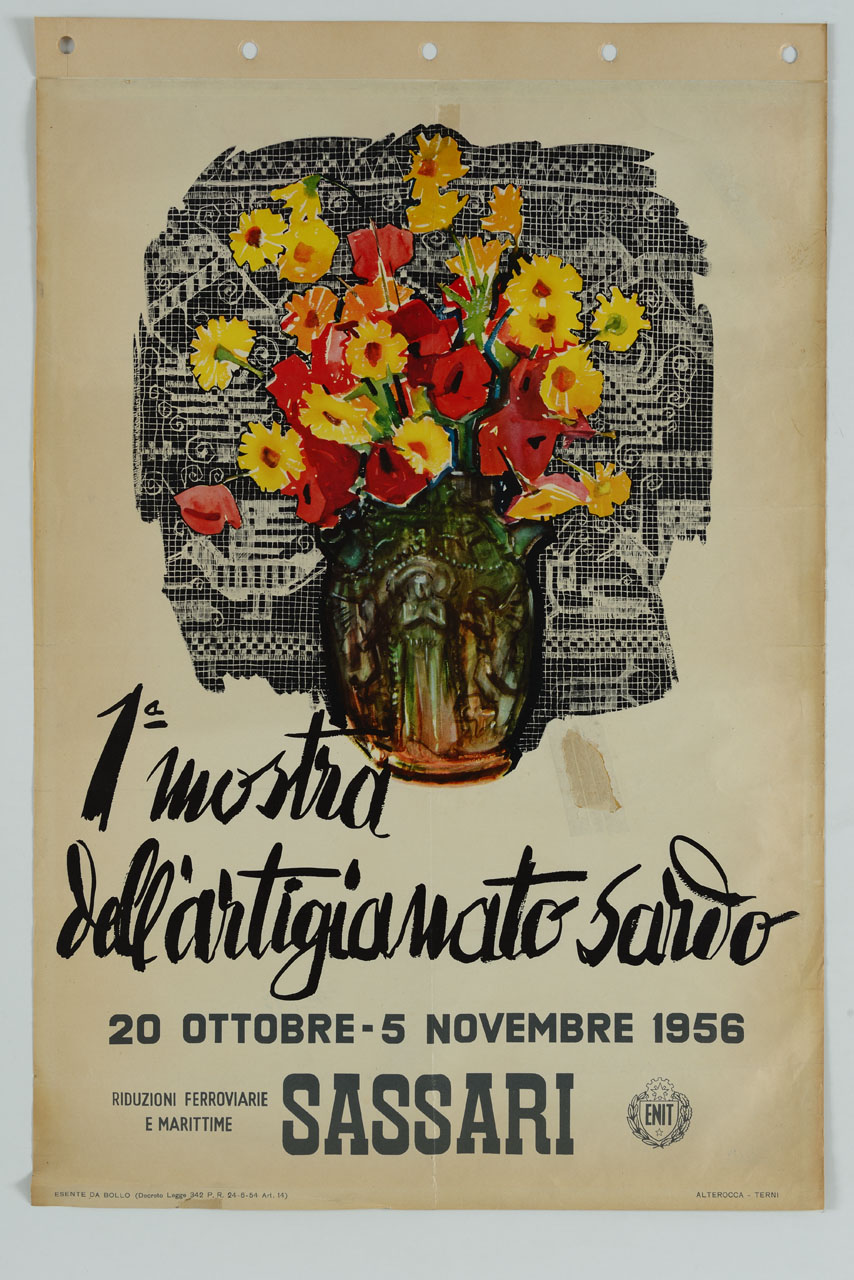 vaso di ceramica con fiori colorati ; sullo sfondo ricamo a filet con uccelli (manifesto) - ambito italiano (sec. XX)