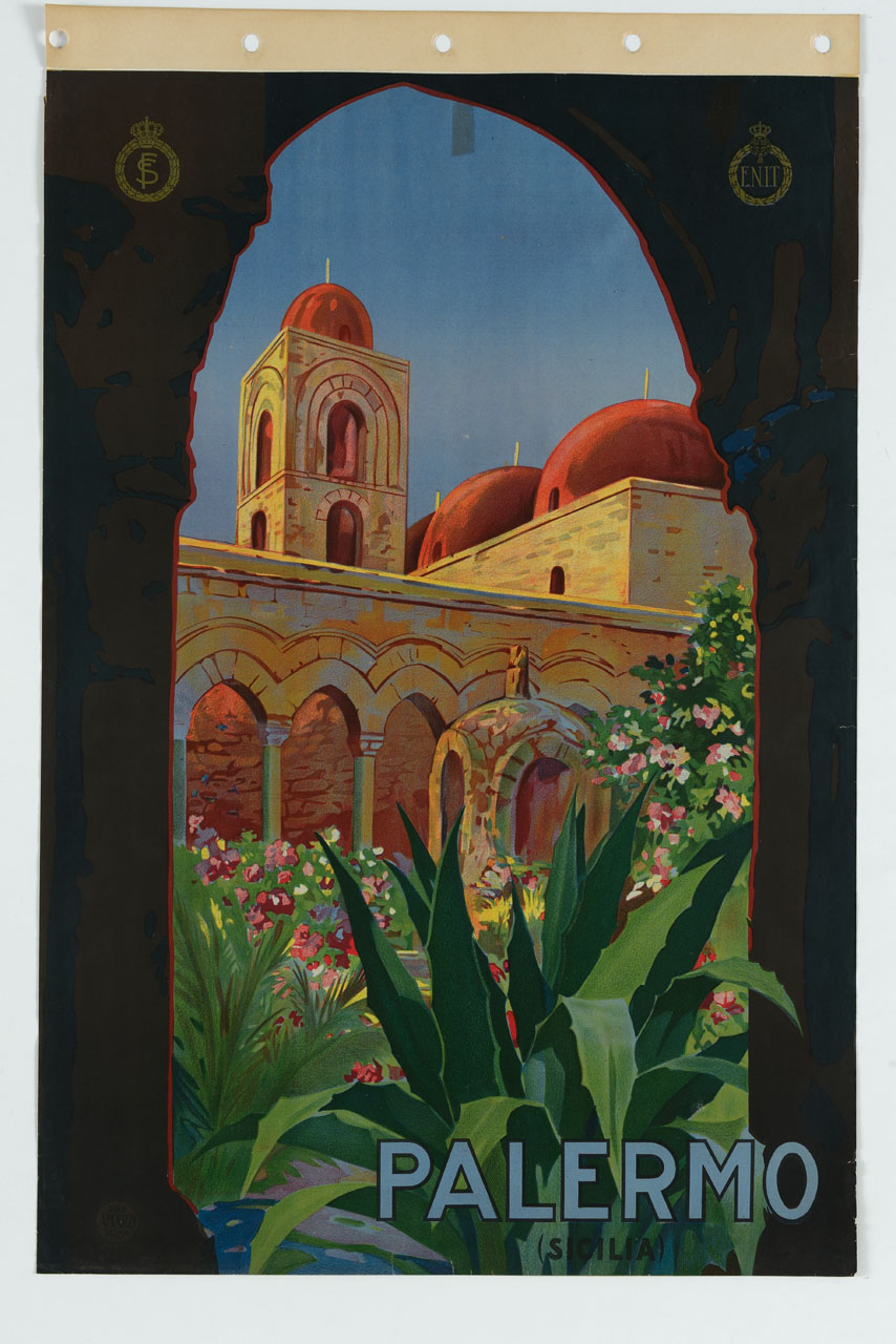 chiostro del convento e cupole della chiesa di San Giovanni degli Eremiti a Palermo (manifesto) - ambito italiano (sec. XX)
