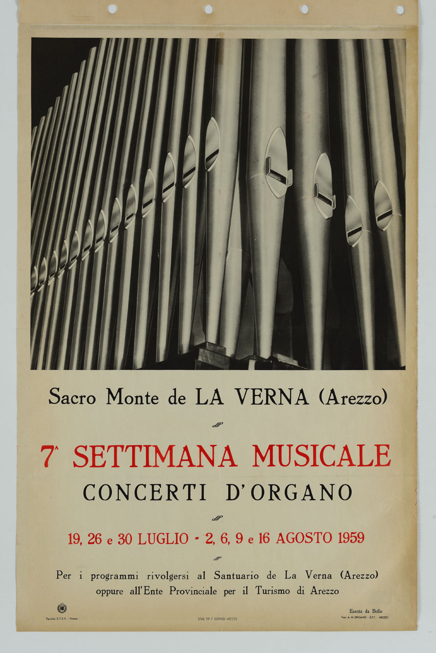 canne dell'organo Tamburini nel Santuario de La Verna (manifesto) - ambito italiano (sec. XX)