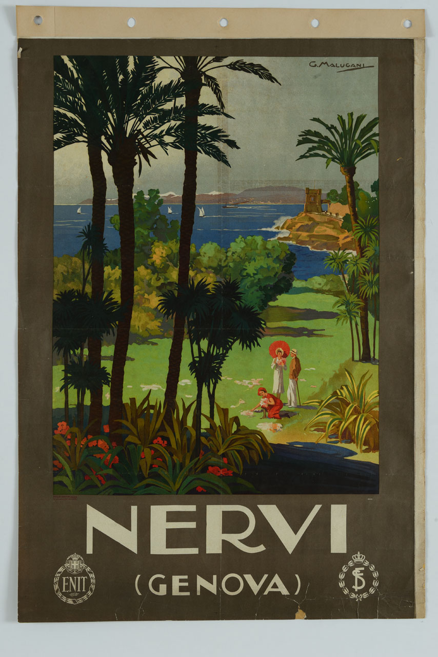 persone che sostano in un giardino adiacente al mare con palme e rigogliosa vegetazione (manifesto) di Malugani Giacomo (sec. XX)